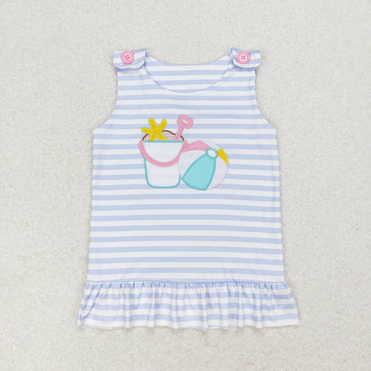 GT0568 Embroidered beach ball starfish bucket blue and white striped sleeveless top