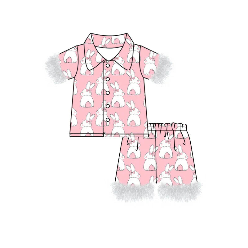 X919Preorder (moq 5)Baby Girls Pink Rabbits Button Top Shorts Easter Fur Pajamas Sets
