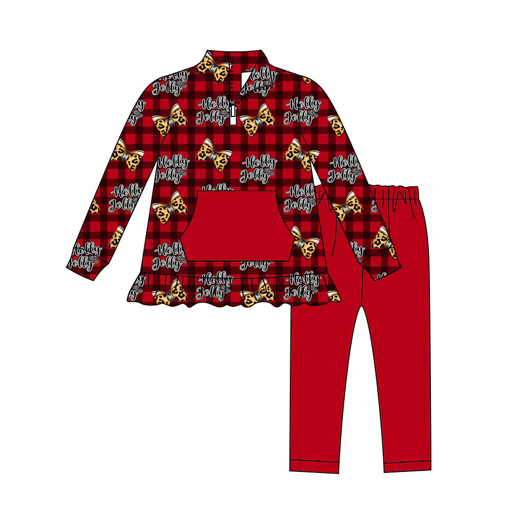7.21Preorder (moq 5)Baby Girls Long Sleeves Red Plaid Leopard Bows Pocket Zipper Top Legging Pants Set