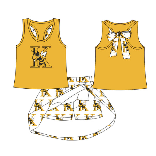 7.29Preorder (moq 5)Baby Girls K Honey Bee bow vest team Top Skirt Skort Sets