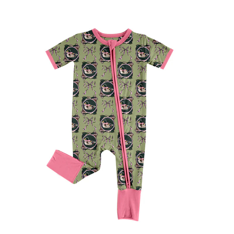X918Preorder (moq 5)Baby Girls Bows Ducks Checked Western Zipper Footie Rompers