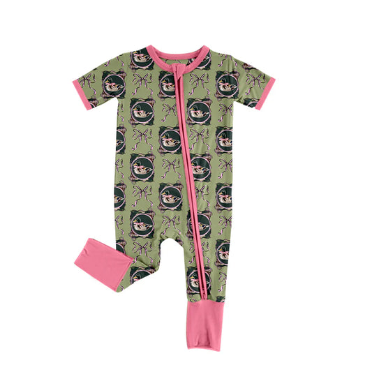 X918Preorder (moq 5)Baby Girls Bows Ducks Checked Western Zipper Footie Rompers