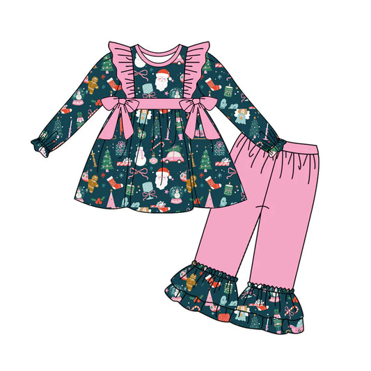 7.10Preorder (moq 5)Baby Girls Long Sleeves Bows Santa Tunic Ruffle Pant Clothes Set