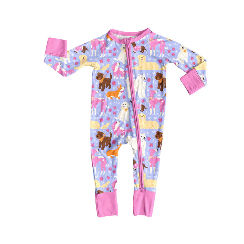 X924Preorder (moq 5)Baby Girls Flowers Dogs Valentine Zipper Footie Rompers