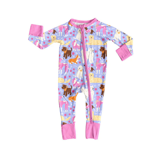X924Preorder (moq 5)Baby Girls Flowers Dogs Valentine Zipper Footie Rompers