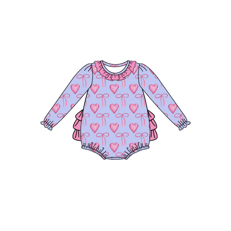 X925Preorder (moq 5)Baby Girls Pink Bows Hearts Valentine Ruffle Zipper Footie Rompers