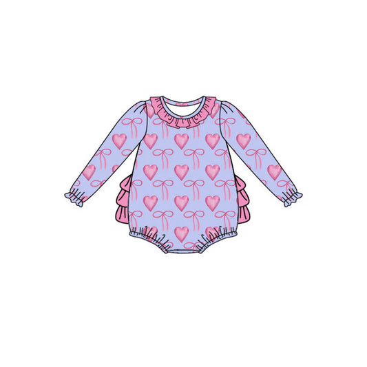 X925Preorder (moq 5)Baby Girls Pink Bows Hearts Valentine Ruffle Zipper Footie Rompers