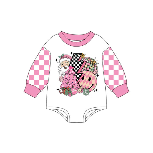 7.19Preorder(moq 5)Baby Girls Pink Plaid Long Sleeves Santa Light Rompers