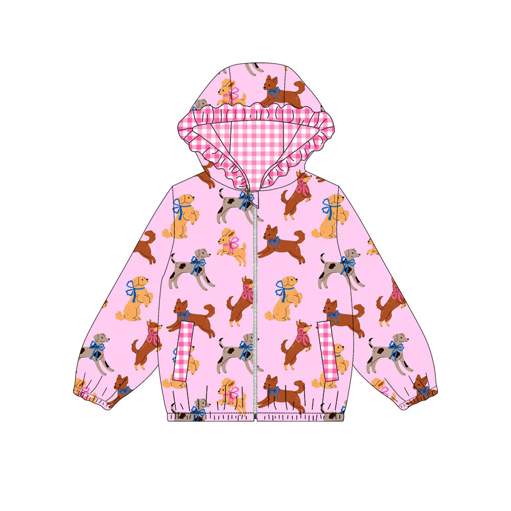 X923Preorder (moq 5)Baby Girls Bows Dogs Pockets Zipper Valentine Ruffle Hoodies Jackets Top
