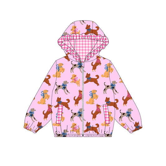 X923Preorder (moq 5)Baby Girls Bows Dogs Pockets Zipper Valentine Ruffle Hoodies Jackets Top