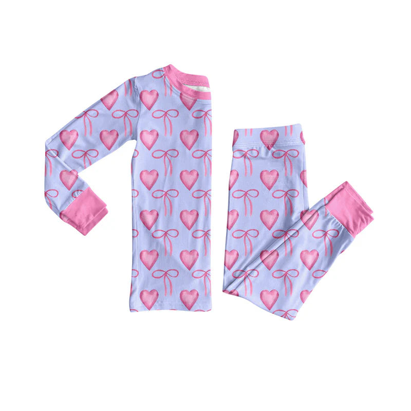 X925Preorder (moq 5)Baby Girls Pink Bows Hearts Top Pants Valentine Pajamas Sets
