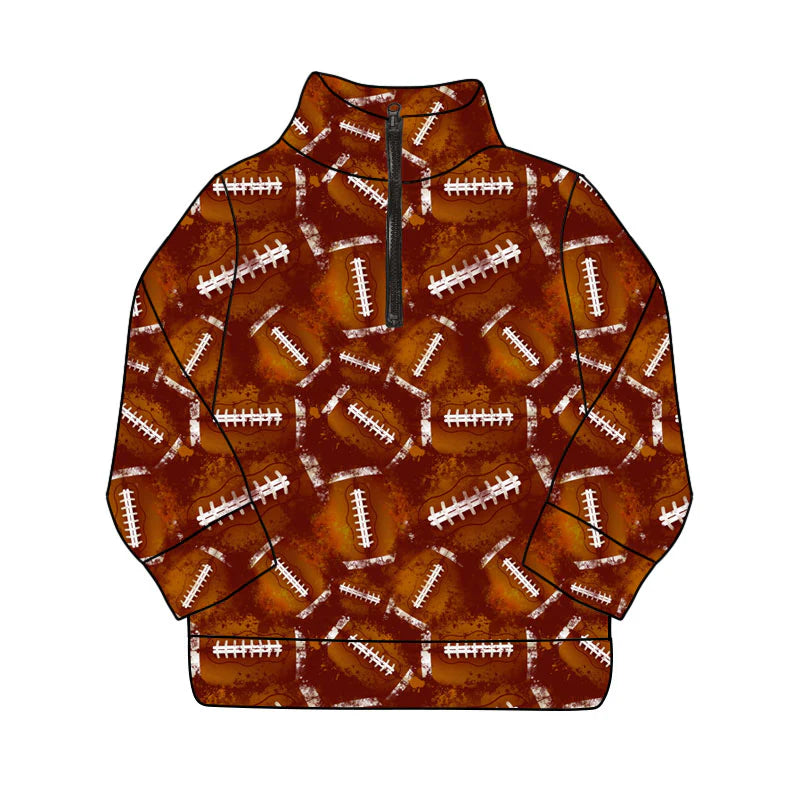X909Preorder (moq 5)Baby Boys Brown Footballs Zipper Team Pullovers Top