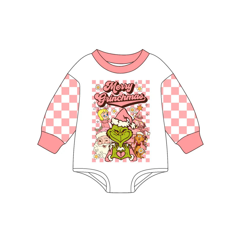 7.19Preorder(moq 5)Baby Girls Peach Plaid Long Sleeves Merry Christmas Santa Rompers