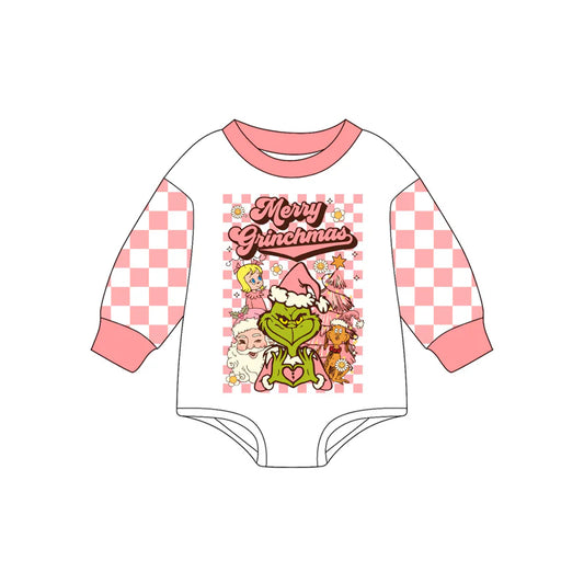 7.19Preorder(moq 5)Baby Girls Peach Plaid Long Sleeves Merry Christmas Santa Rompers