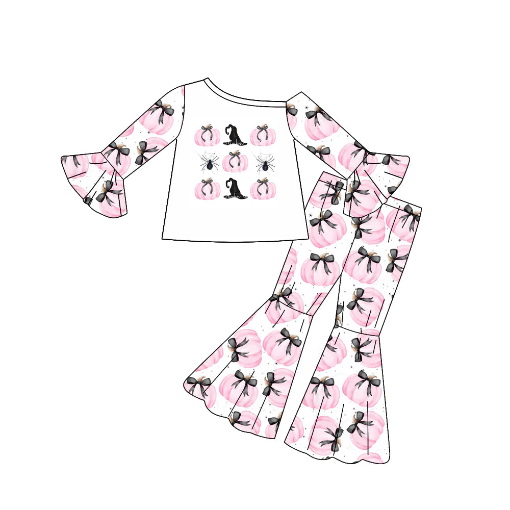 8.11Preorder(moq 5) Baby Girls Halloween Pumpkins Bows Top Bell Pants Outfits Sets