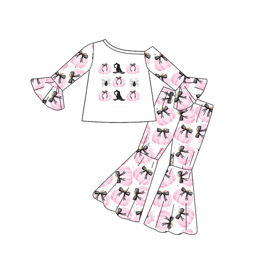 8.11Preorder(moq 5) Baby Girls Halloween Pumpkins Bows Top Bell Pants Outfits Sets