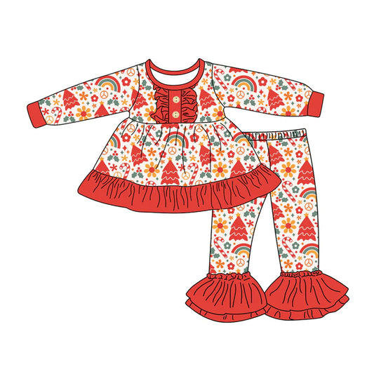 7.23Preorder (moq 5)Baby Girls Long Sleeves Candy Cane Flowers Button Tunic Bell Bottom Pants Set