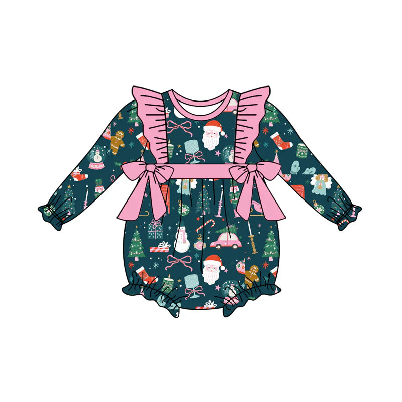 7.15Preorder (moq 5)Baby Girls Green Long Sleeves Santa Bows Gifts Plaid Ruffle Romper