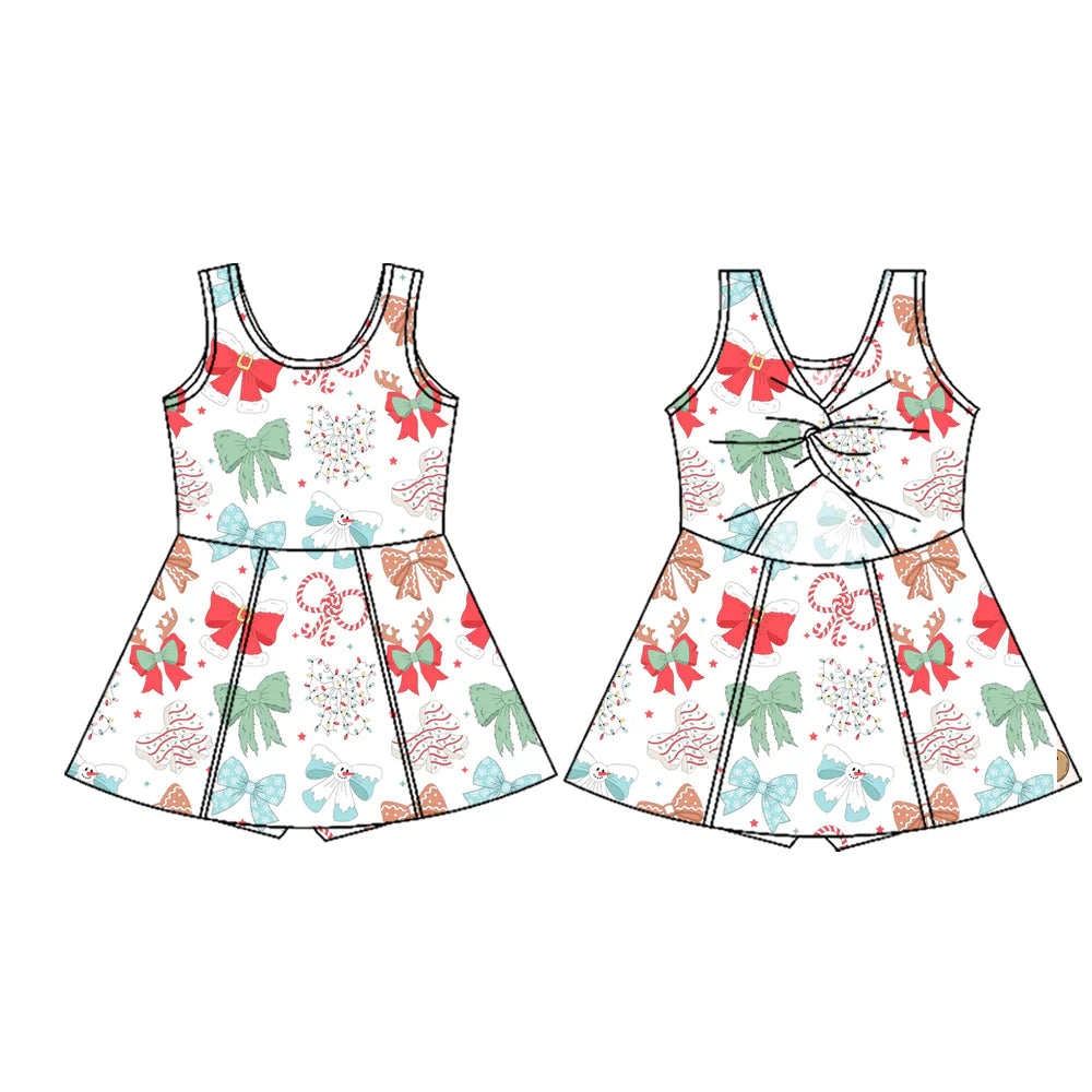 7.22Preorder (moq 5)Baby Girls Sleeveless Candy Cane Bows Shorts Knee Length Dresses