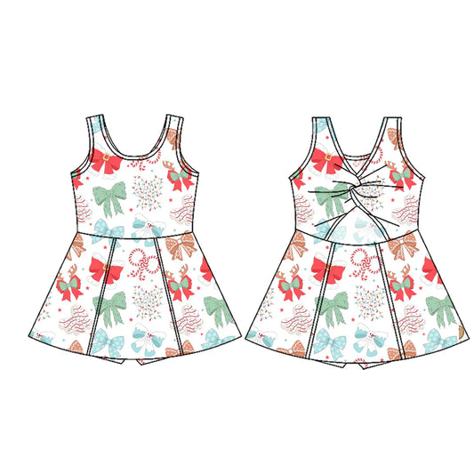 7.22Preorder (moq 5)Baby Girls Sleeveless Candy Cane Bows Shorts Knee Length Dresses