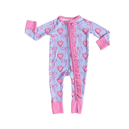 X924Preorder (moq 5)Baby Girls Pink Bows Hearts Valentine Ruffle Zipper Footie Rompers