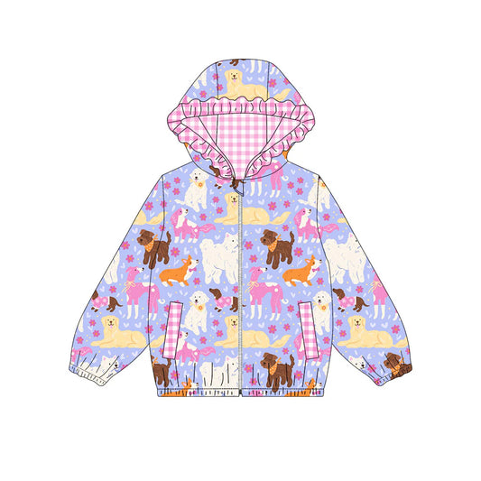 X923Preorder (moq 5)Baby Girls Flowers Dogs Pockets Zipper Valentine Ruffle Hoodies Jackets Top