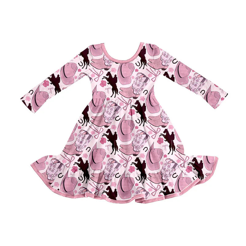 X101Preorder (moq 5)Baby Girls Hats Horse Rodeos Western Ruffle Knee Length Dresses