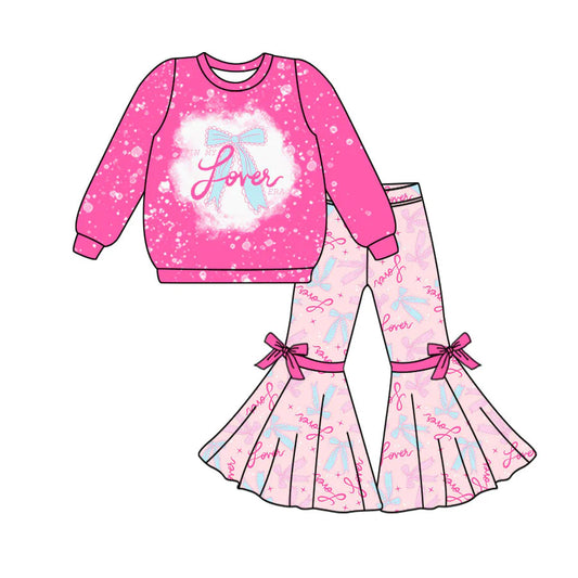X925Preorder (moq 5)Baby Girls Pink Long Sleeve Love Bows Top Bell Bottom Pants Valentine Clothes Sets