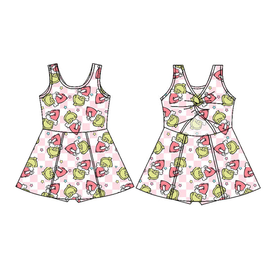 7.18Preorder (moq 5)Baby Girls Sleeveless Green Faces Plaid Shorts Knee Length Dresses