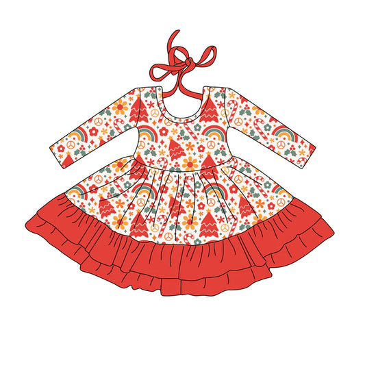 7.23Preorder (moq 5)Baby Girls Long Sleeves Flowers Candy Cane Plaid Ruffle Knee Length Dress