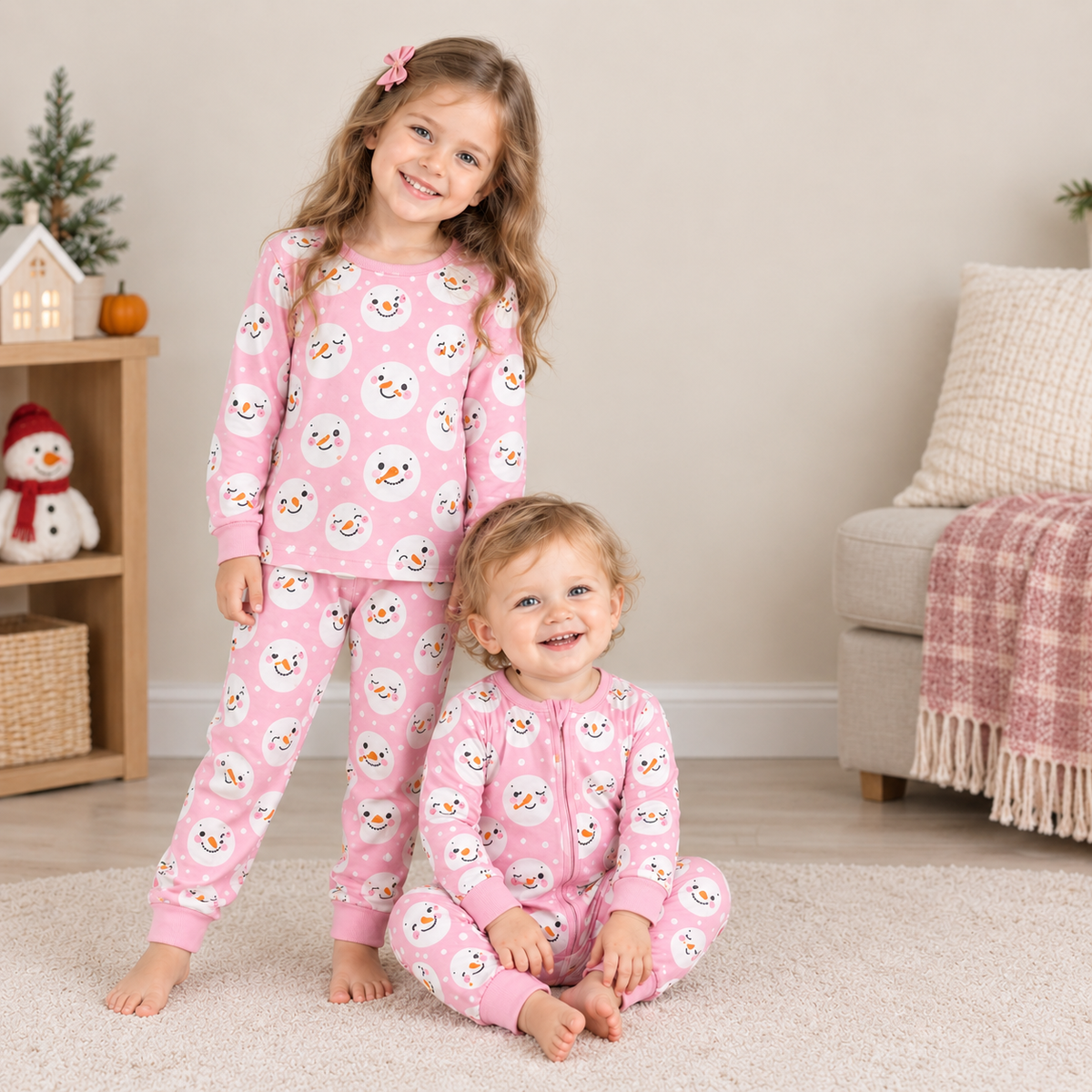 RTS NO MOQ Sibling milk silk Baby Girls Pink Snowmen Christmas Pajamas Sets Zip Romper Blanket
