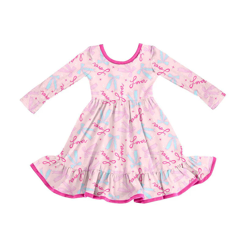 X925Preorder (moq 5)Baby Girls Pink Love Bows Valentine Ruffle Knee Length Dresses