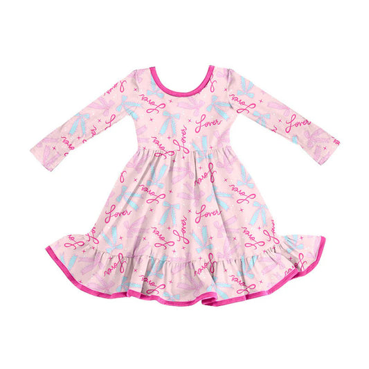 X925Preorder (moq 5)Baby Girls Pink Love Bows Valentine Ruffle Knee Length Dresses