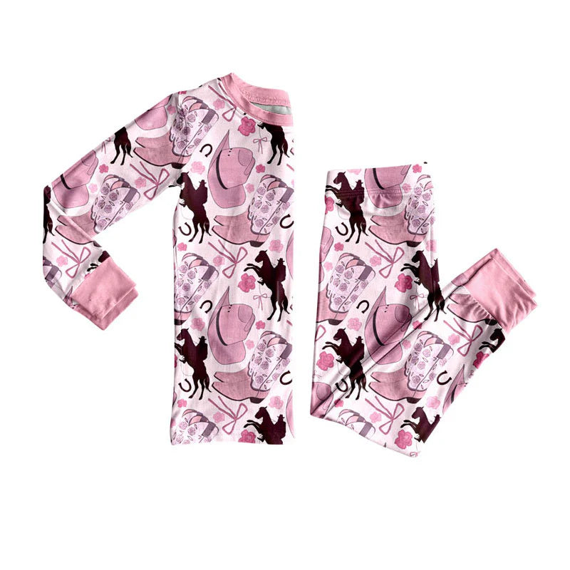 X101Preorder (moq 5)Baby Girls Hats Horse Rodeos Top Pants Western Pajamas Sets