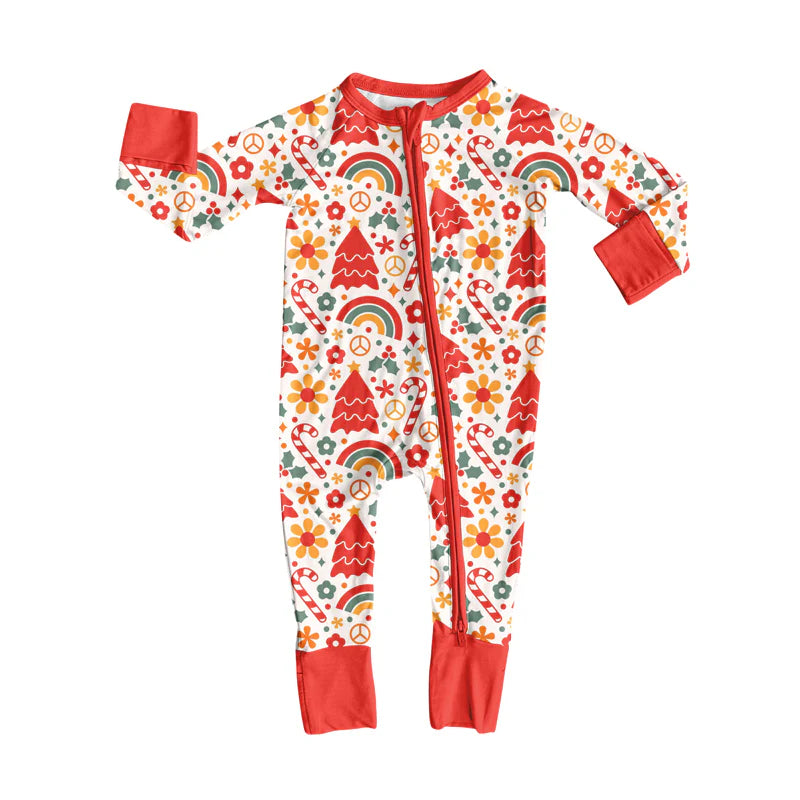 8.1Preorder(moq 5)Baby Girls Pink Flowers Candy Cane Zipper Pant Rompers