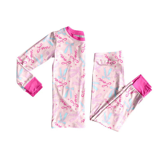 X925Preorder (moq 5)Baby Girls Pink Long Sleeve Love Bows Top Pants Valentine Pajamas Sets