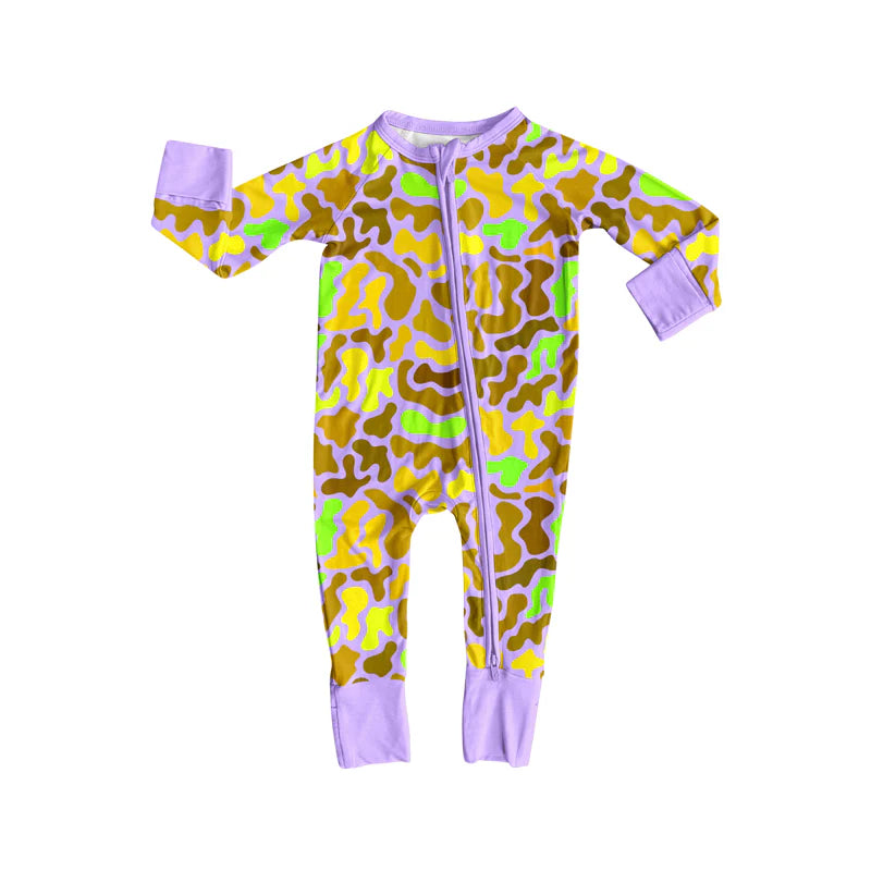 8.12Preorder(moq 5)Baby Girls Purple Camo Zipper Footie Rompers