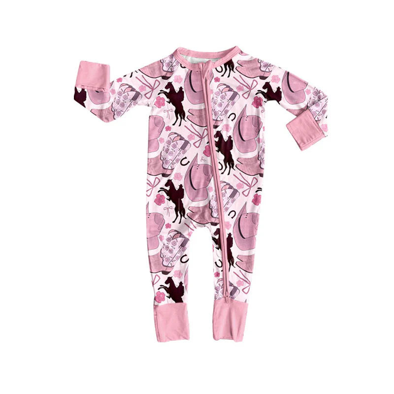 X101Preorder (moq 5)Baby Girls Hats Horse Rodeos Western Zipper Footie Rompers