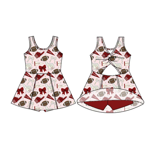 7.18Preorder (moq 5)Baby Girls Sleeveless Red White Bows Footballs Shorts Team Knee Length Dress