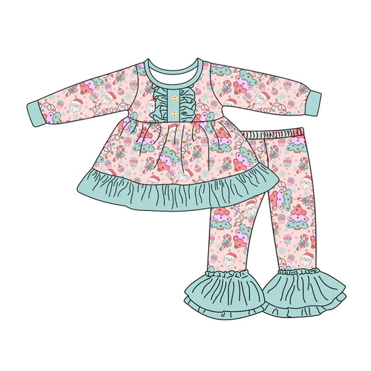 7.23Preorder (moq 5)Baby Girls Long Sleeves Christmas Trees Santa Button Tunic Bell Bottom Pants Set