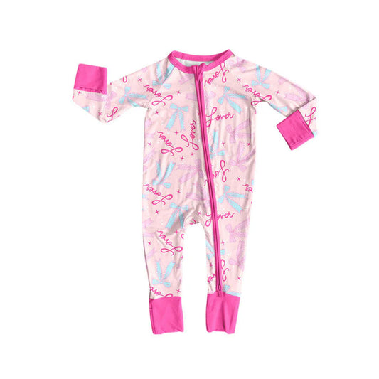 X924Preorder (moq 5)Baby Girls Pink Love Bows Valentine Zipper Footie Rompers