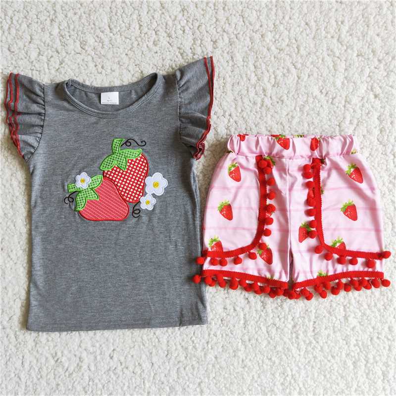 Embroidered strawberry top & shorts girls summer outfits