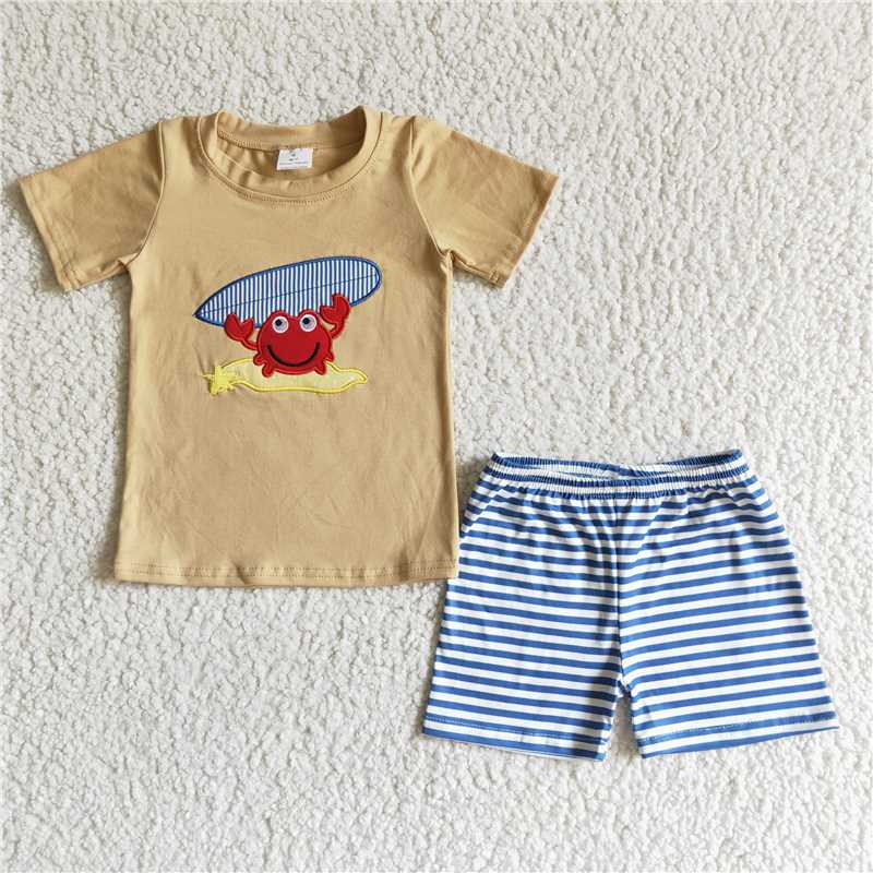 BSSO0003 Embroidered light brown crab short-sleeved blue striped shorts suit