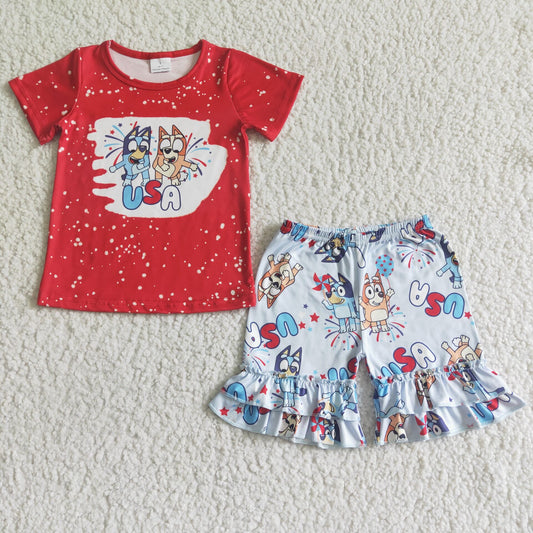 GSSO0053 Girls Red USAbluey Short Sleeve White Shorts Set