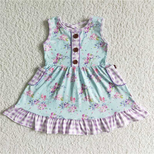 girls summer floral dress sleeveless SKIRT with pocket