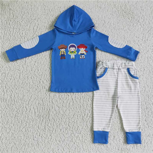 BLP0099 Boys blue hooded long-sleeved pocket trousers set