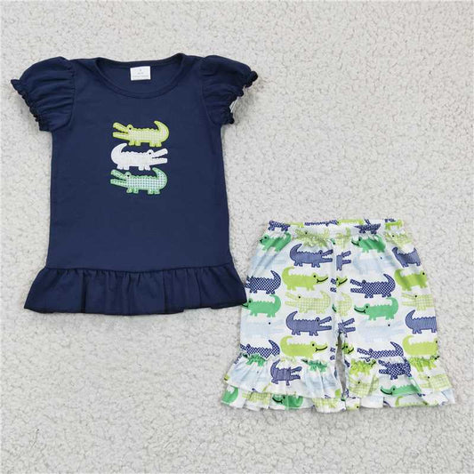 summer girls outfits embroidered crocodile t-shirt & shorts kids clothes