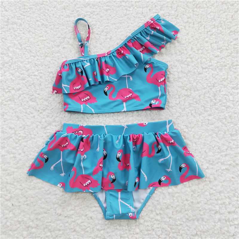 S0087 Girls Flamingo Blue Swimsuit Set