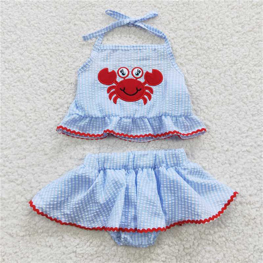 embroidery Crab girls swimsuit seersucker kids clothes