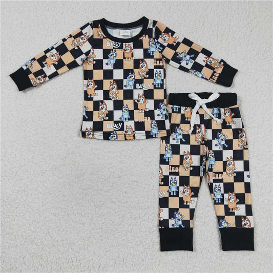 blue dogs Plaid pajamas boys outfits long sleeve top & pants sets kids clothes